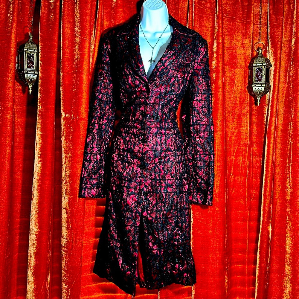 Red black floral lace beaded pinup coat. 90’s era vintage Betsey Johnson. No sz